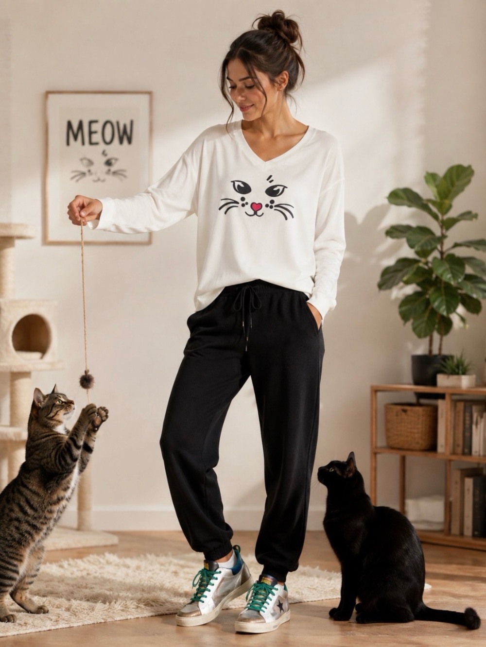 FREE PRESS Kitty Cat Face Soft V-neck Tee Long Sleeve Ivory L NWT